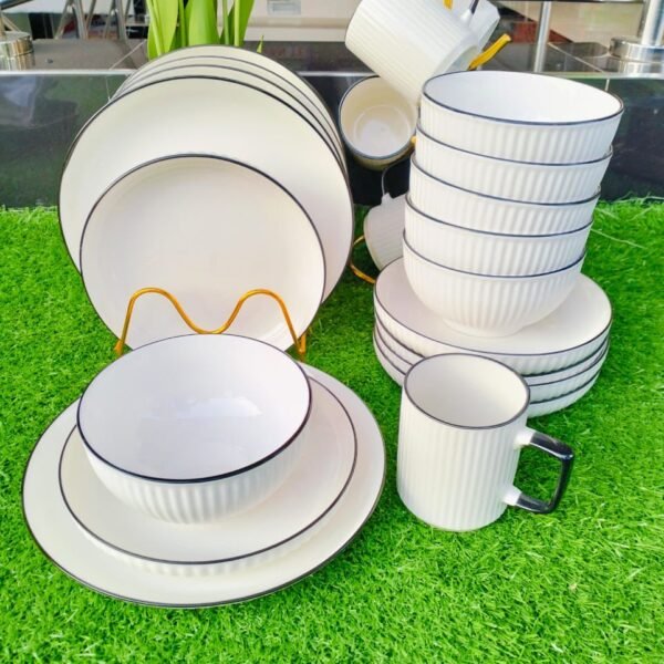 24-Piece Concise White Dinner Set with Black Rim